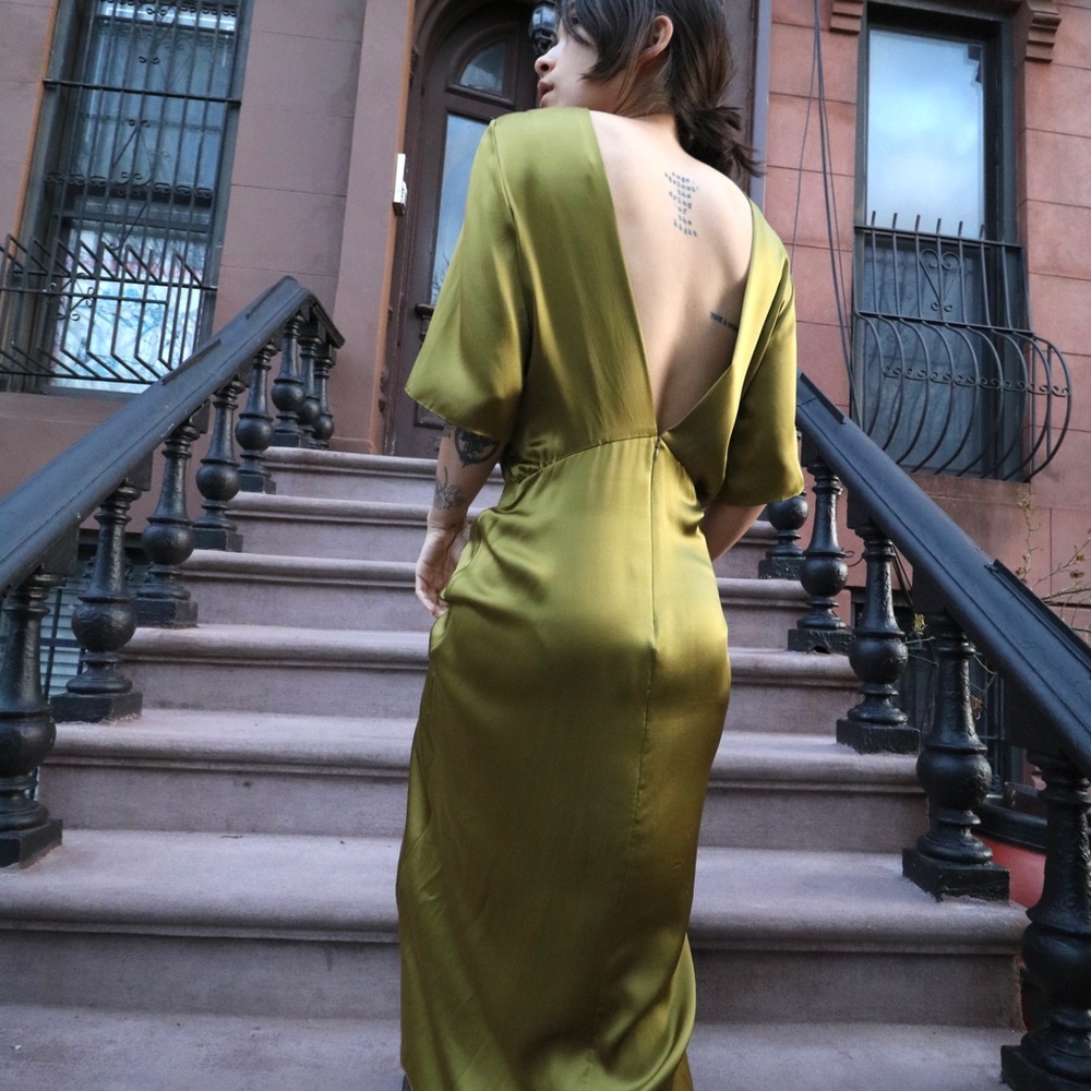 Open-Back Satin Maxi Dress in Olive Green